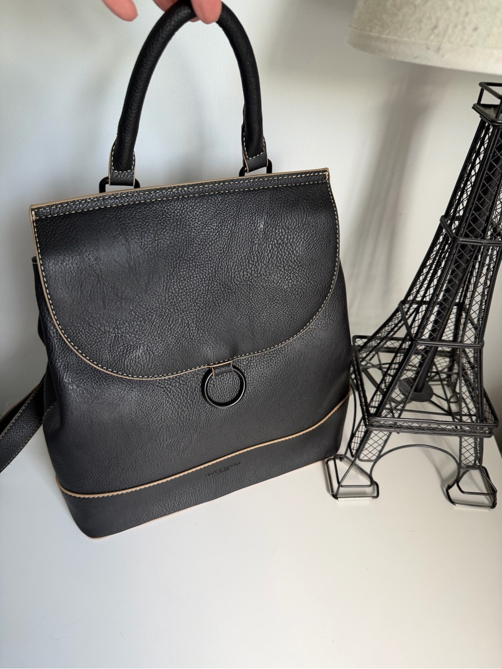 Darcy Marks Structured Black Women's Top-Handle Backpack with Ring Accent